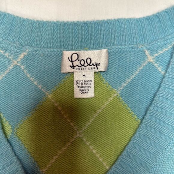 Lilly Pulitzer cashmere spandex argyle sweater size medium blue green small stai - Picture 6 of 9